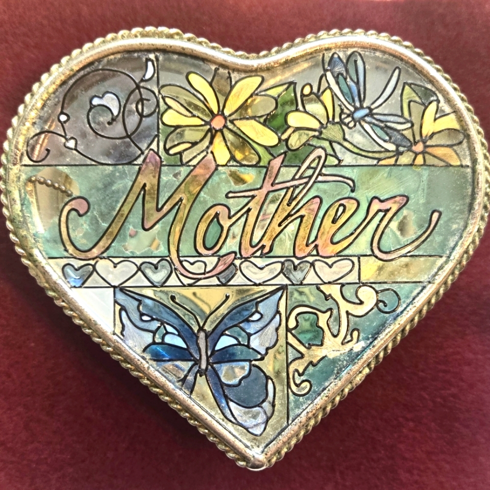 Heart Shaped Stained Glass "Mother" Trinket Jewelry Box
